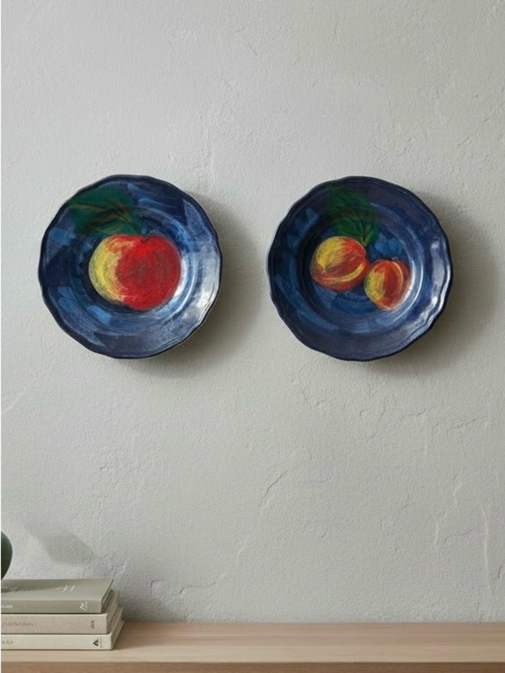 Sara Hand-Painted Blue Ceramic Fruit Plate Pair Italy